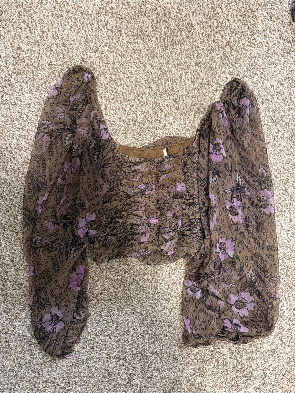 Free People Brown Crop Top with Purple Floral Print